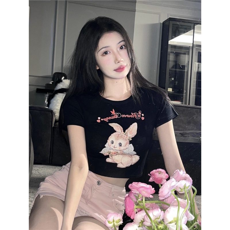 Áo Thun Lửng Dáng Ôm In Hình Thỏ Lưng Cao Thiết Kế Cỡ Nhỏ Thời Trang Quyến Rũ Cho Nữ