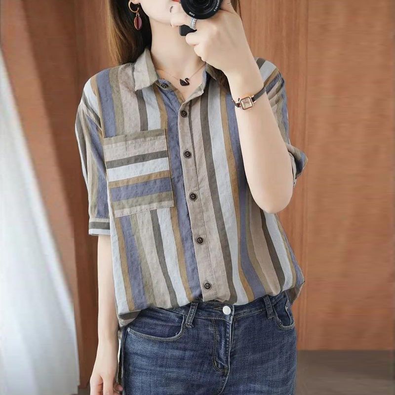 Áo Sơ Mi Cotton Lanh Tay Ngắn Kẻ Sọc Màu Sắc Tương Phản Có Size Lớn Thời Trang Mùa Hè Dành