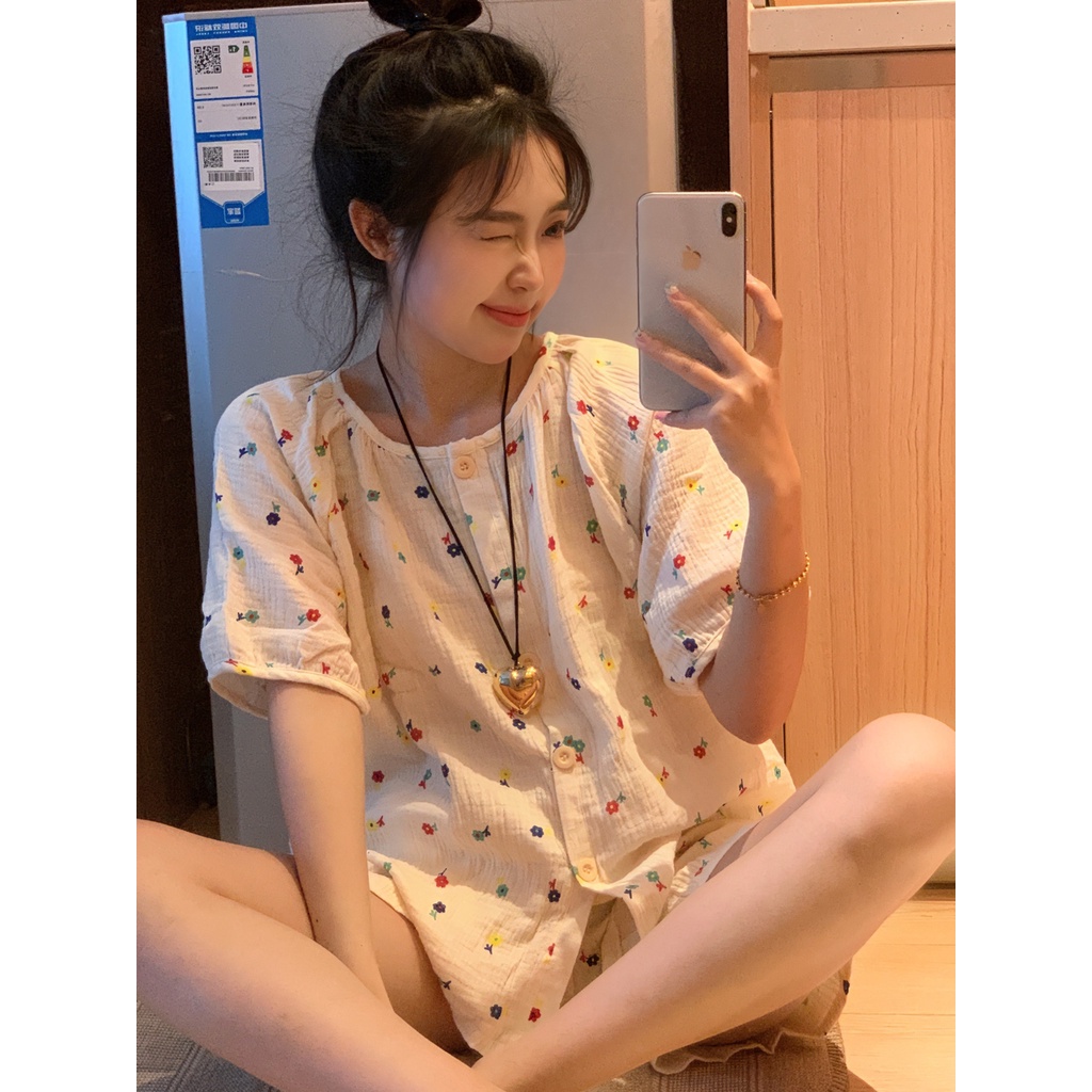 Bộ Đồ Ngủ Tay Ngắn Cổ Tròn In Hoa Nhỏ Đơn Giản Thời Trang Mùa Hè Hàng Mới Dành Cho Bạn Nữ
