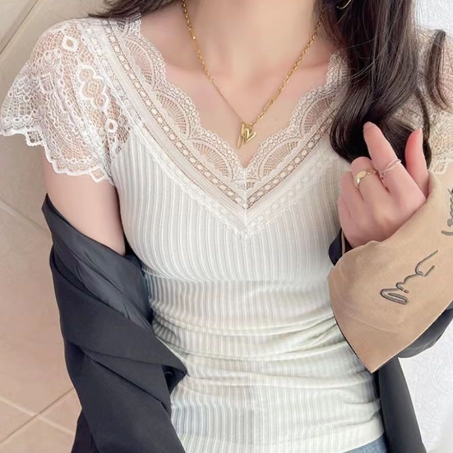 Áo Thun Cotton Tay Ngắn Cổ Chữ V Phối Ren Rỗng Thời Trang Mùa Hè 2023 Phong Cách Mới Cho Nữ