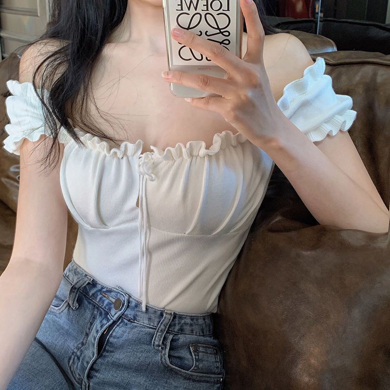 Áo Thun Tay Ngắn Trễ Vai Phối Dây Rút Thời Trang Mùa Hè Phong Cách Hàn Quốc Cho Nữ