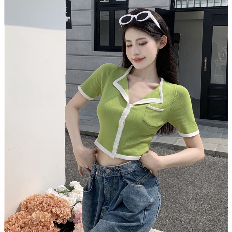 Áo Thun Dệt Kim Dáng Ôm Phối Màu Cá Tính Thời Trang