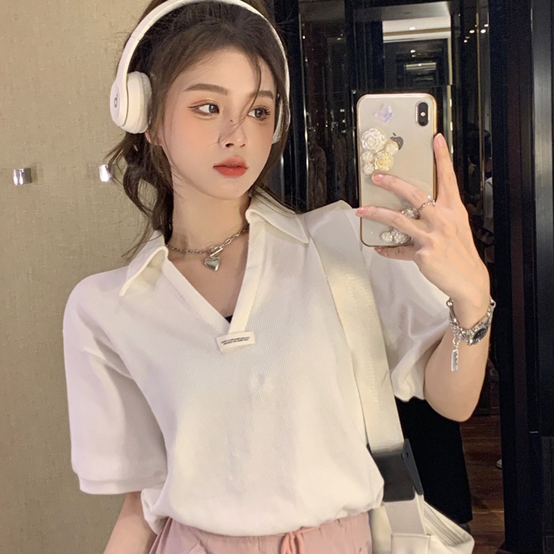 Áo Thun Polo Tay Ngắn Chất Liệu Cotton Phong Cách Hàn Quốc Thời Trang Cho Nữ