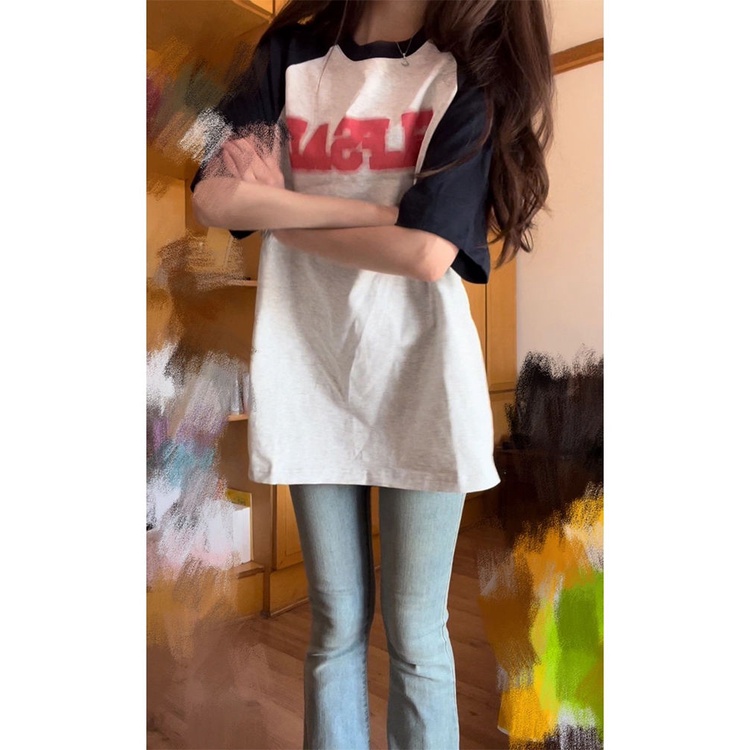 Áo Thun Raglan Tay Ngắn Raglan Màu Sắc Tương Phản Phong Cách Harajuku Hàn Quốc Cho Nữ
