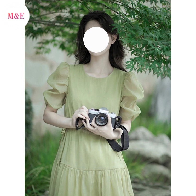 M &amp; E Đầm Dài Tay Phồng Màu Xanh Lá Mùa Hè 2023 Phong Cách Cổ Tích Rừng Ngọt Ngào Phong Cách Pháp 2023 Mới Cho Nữ
