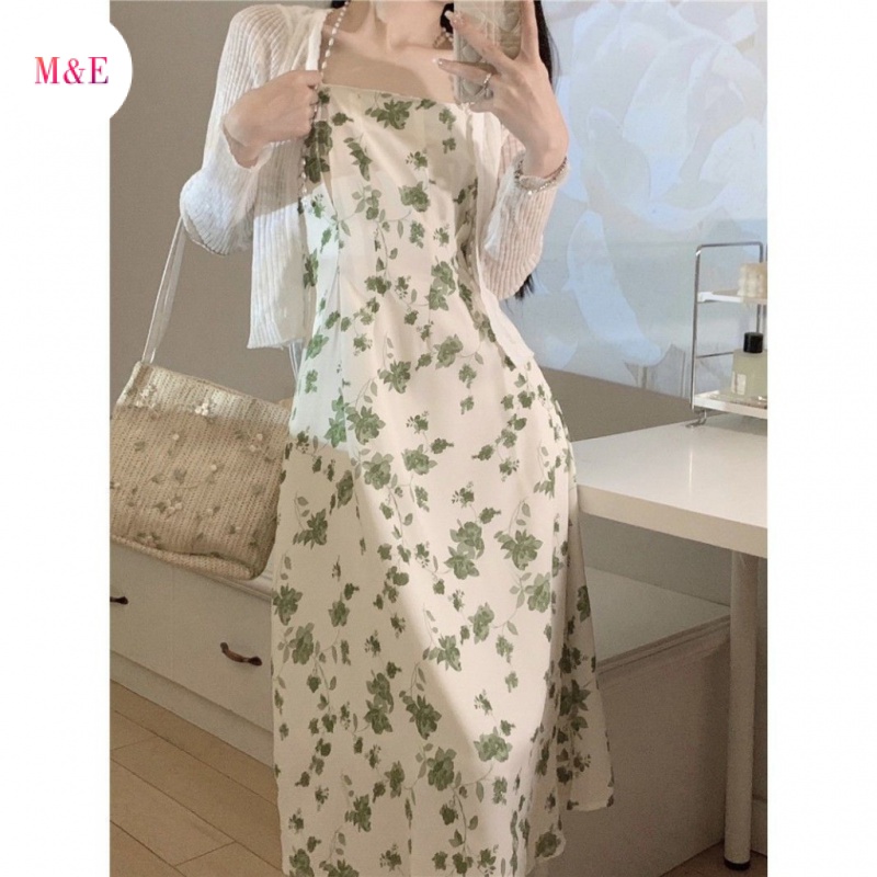 M &amp; E Đầm Hai Dây Mỏng Họa Tiết Hoa Mùa Hè Phong Cách Hong Kong Cổ Điển Cho Nữ