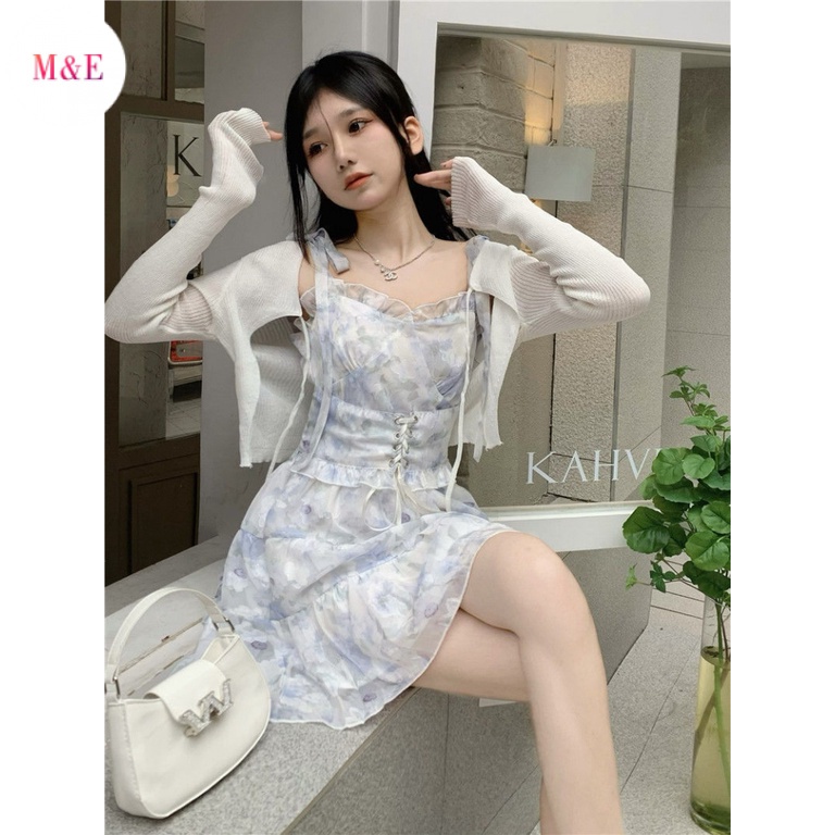 M &amp; E Đầm Hai Dây Mỏng Mùa Hè In Họa Tiết Hoa Có Dây Buộc Eo Ngọt Ngào Cho Nữ