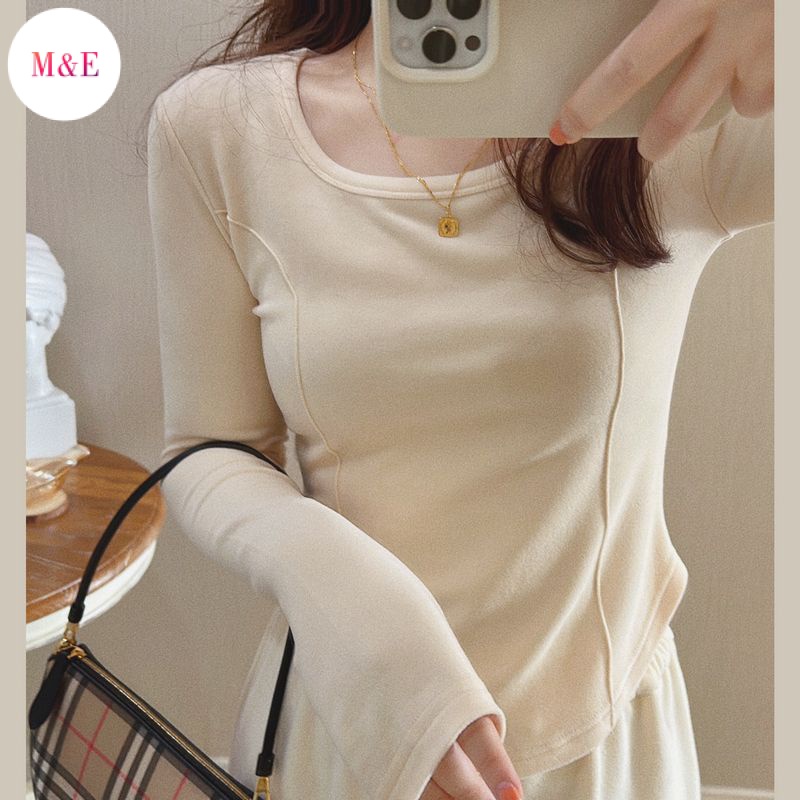 M &amp; E Top Áo Thun Thể Thao Múa Ba Lê Hai Mặt Tay Dài Vải Nhung Sáp Mềm Mịn Xương Cá Arc Edge Cổ Vuông Dễ Phối Đồ Cho Nữ