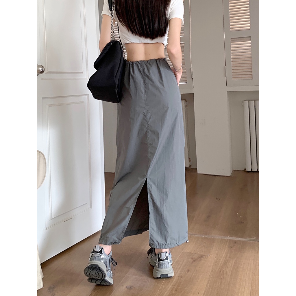 Chân Váy Lưng Cao Dáng Chữ A Thiết Kế Dây Rút Xẻ Tà Phong Cách Retro