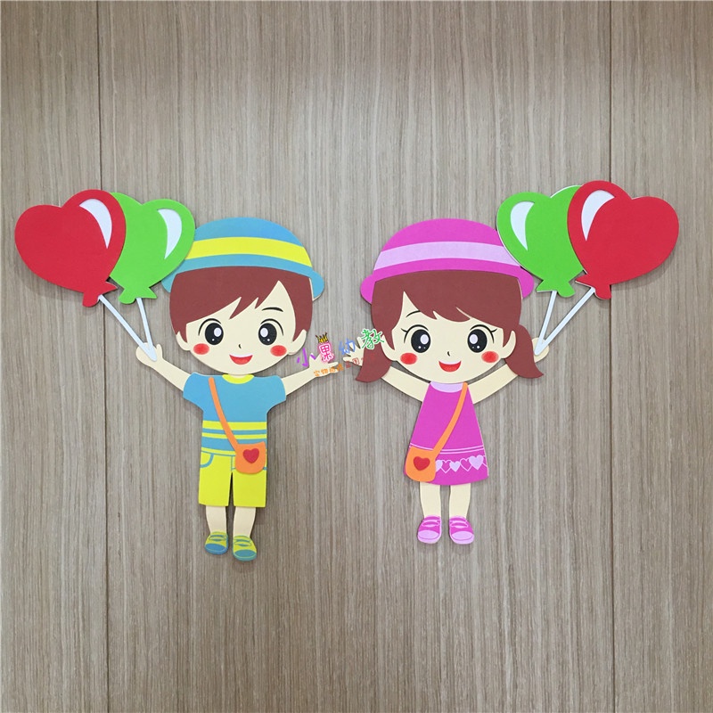 Nhân vật hoạt hình 3d dễ thương cho trẻ em, bé trai và bé gái, dán tường, vật liệu trang trí báo bảng đen cho lớp học mẫu giáo