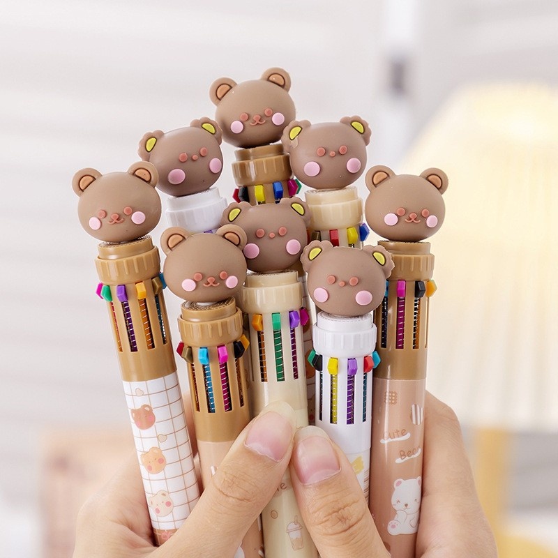 Bút bi, cây viết bấm 10 màu gấu nâu dễ thương ngòi 0.5mm màu sắc cầu vồng đa dạng cực phong phú D&H STORE BUT10M168