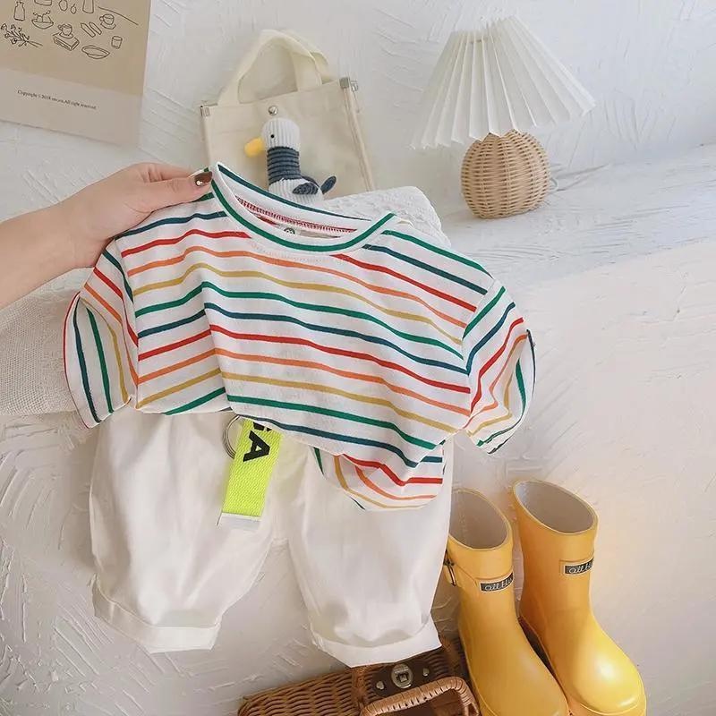 Áo Thun Tay Ngắn Dáng Rộng Mỏng Thoáng Khí Họa Tiết Kẻ Sọc Thời Trang Hàn Quốc Cá Tính Dành Cho Bé