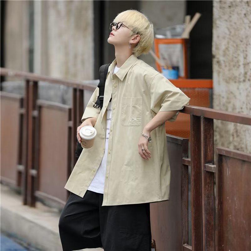 Áo Sơ Mi Ngắn Tay Dáng Rộng Màu Trơn Thời Trang Mùa Hè Hàn Quốc Giản Dị Dành Cho Nam