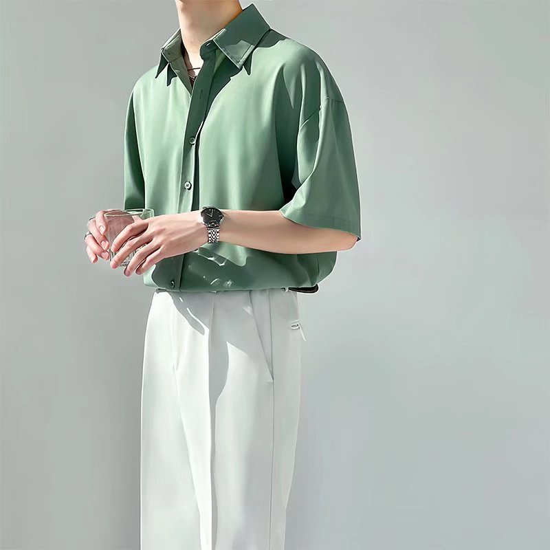 Áo Sơ Mi Ngắn Tay Dáng Rộng Màu Trơn Thời Trang Mùa Hè Hàn Quốc Dành Cho Nam