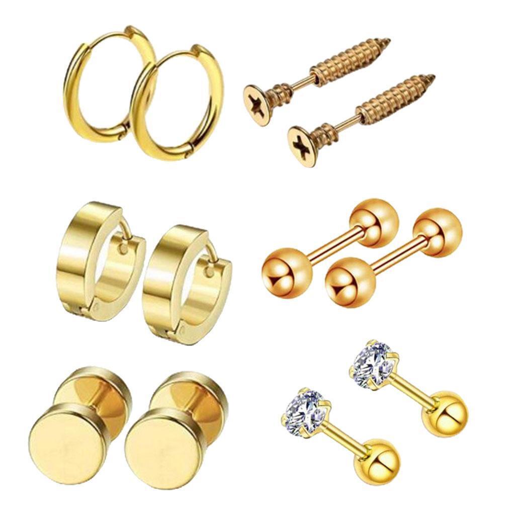 Set 6 Đôi Khuyên Tai Dạng Thanh Tạ Xoắn Bằng Thép Không Gỉ Màu Vàng
