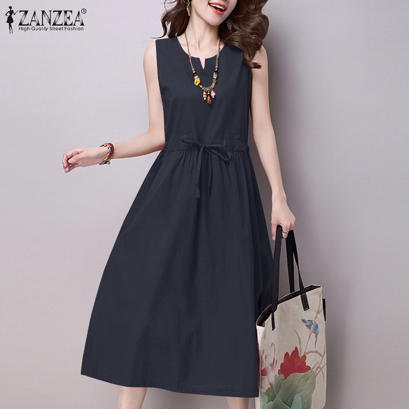 Zanzea Đầm Chữ A Không Tay Cổ Tròn Xẻ Tà Thời Trang Hàn Quốc Cho Nữ