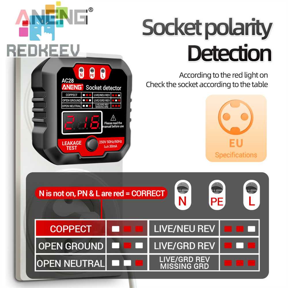 ANENG Máy Dò Kiểm Tra Ổ Cắm US / EU AC28 Pha Với Màn Hình LCD