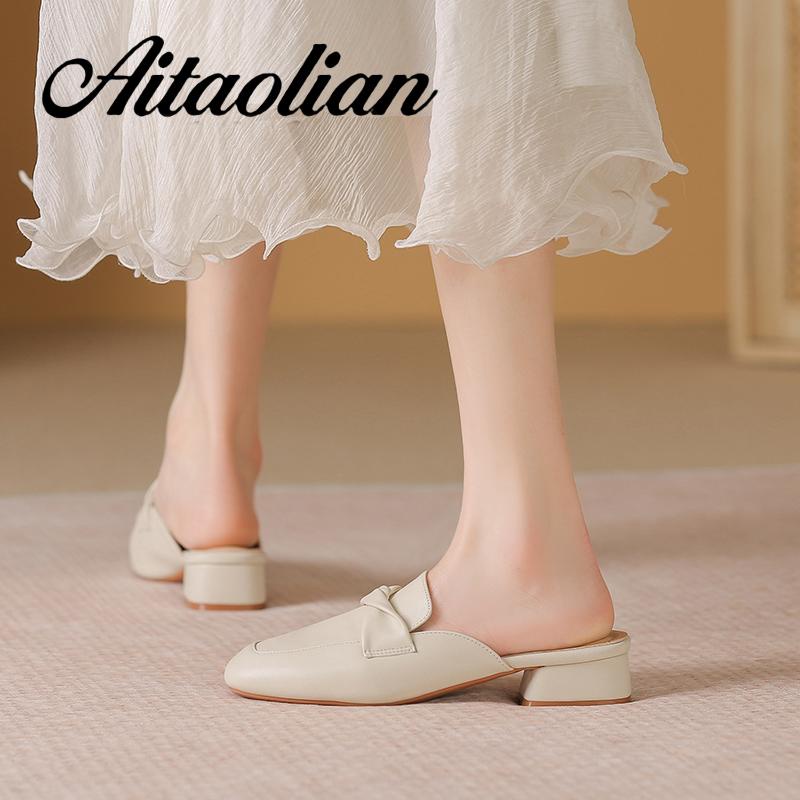 Dép Da Mềm Cao Gót 4cm Mũi Tròn Thời Trang Cho Nữ