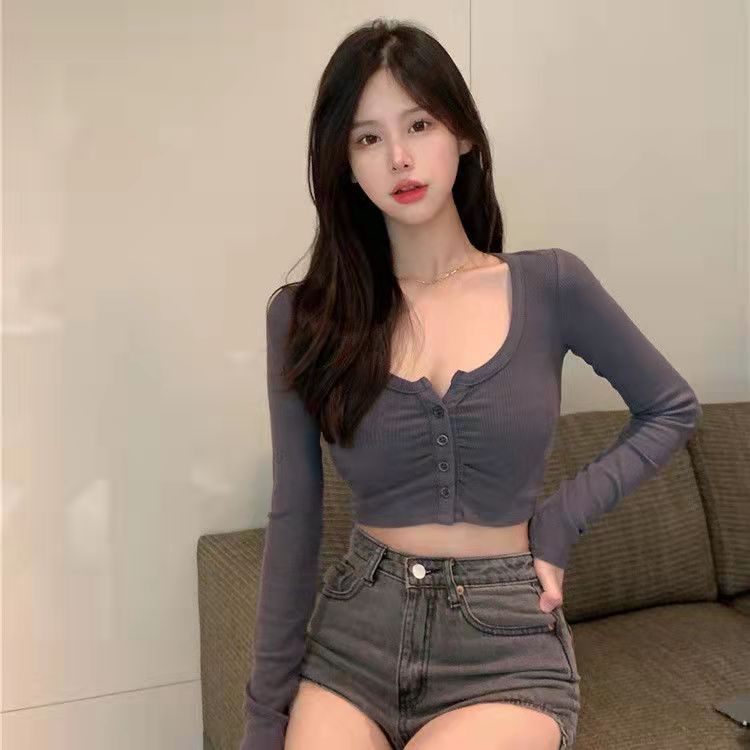 Áo Croptop Tay Dài Cổ Tròn Màu Trơn Dáng Ôm Thời Trang Mùa Hè Quyến Rũ Cho Nữ