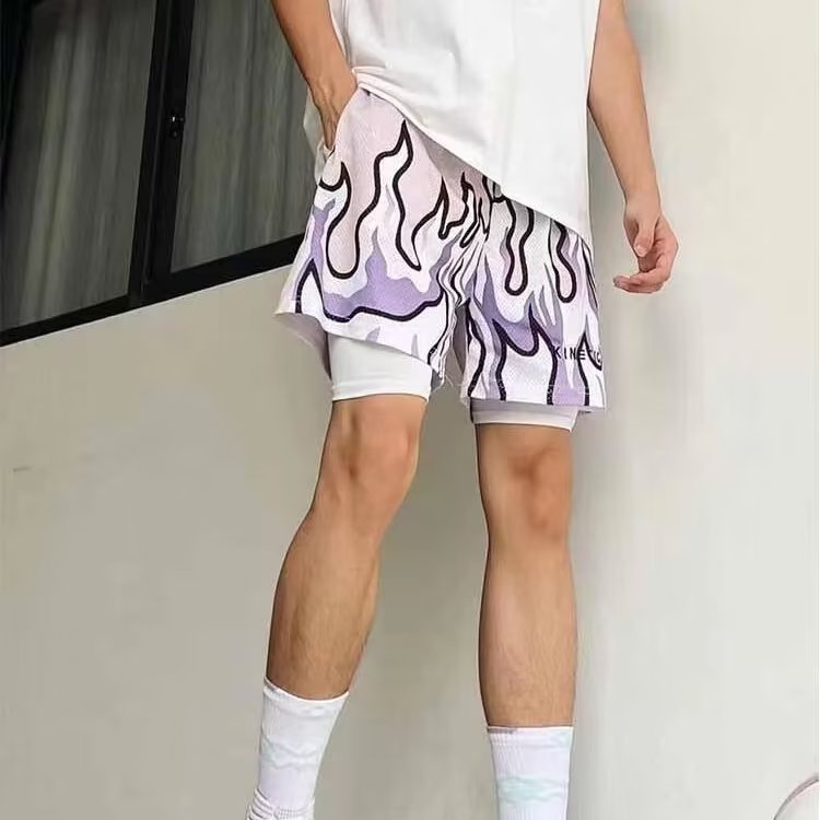 Quần Short Bóng Rổ Dáng Rộng Phối Lưới Giả Hai Lớp In Họa Tiết Size S-5XL Thời Trang Cá Tính Cho Nam