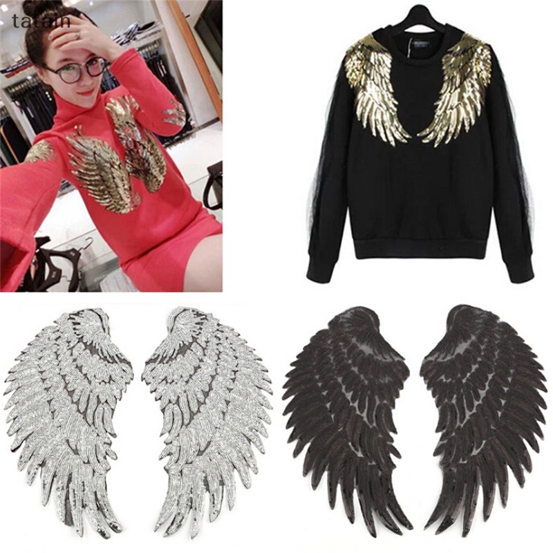 1 Cặp Sticker Ủi Thêu Hình Đôi Cánh Đính Sequin Lấp Lánh