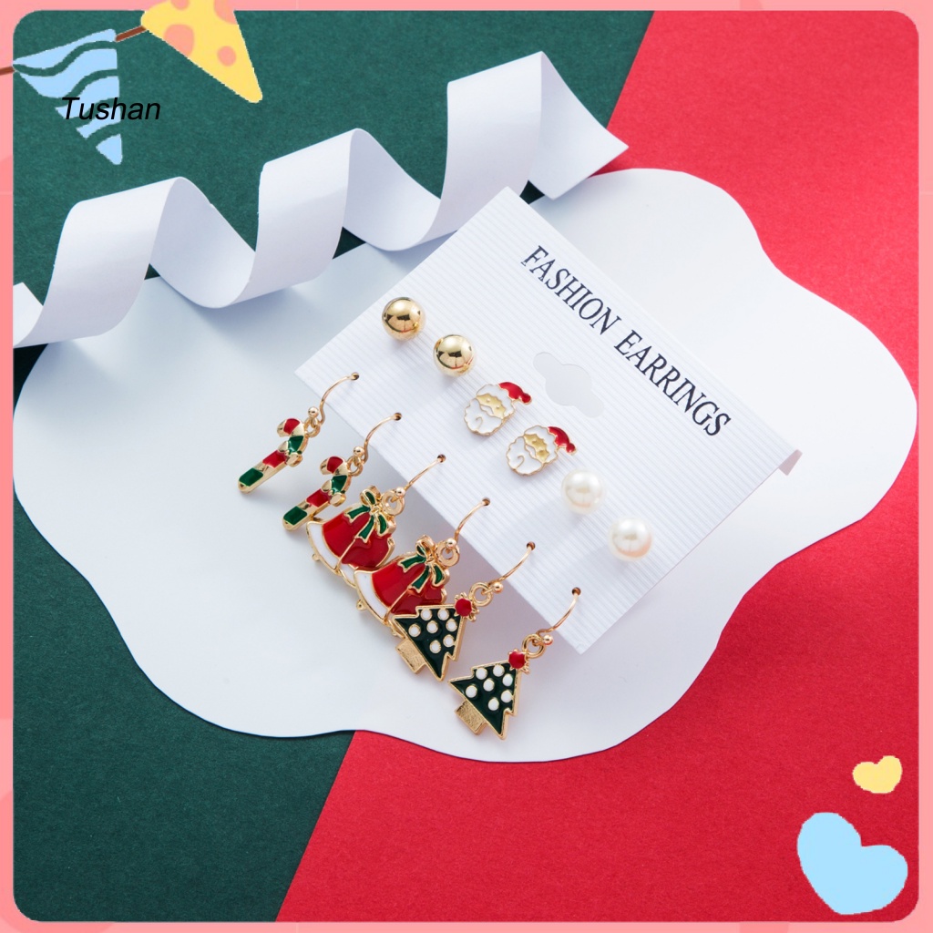 Set 6 Đôi Khuyên Tai Mạ Điện Sáng Bóng Họa Tiết Giáng Sinh