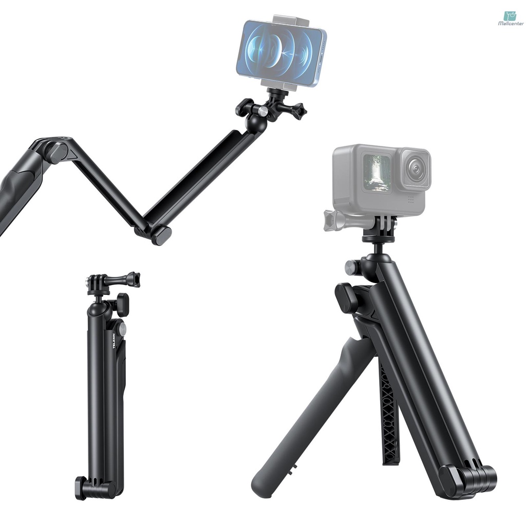 TELESIN TE-TPR-009 Tripod Stand Foldable Pole 360° Rotatable Selfie Stick Multi-Mount Tripod 3-Way Adjustable Handler Grip Mutifunctional Camera Stick Compatible with 11/10/9