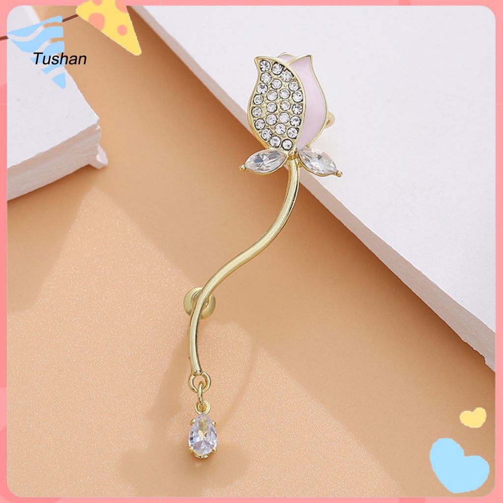 1 Khuyên Kẹp Vành Tai Hình Hoa Tulip Đính Đá Phong Cách Retro