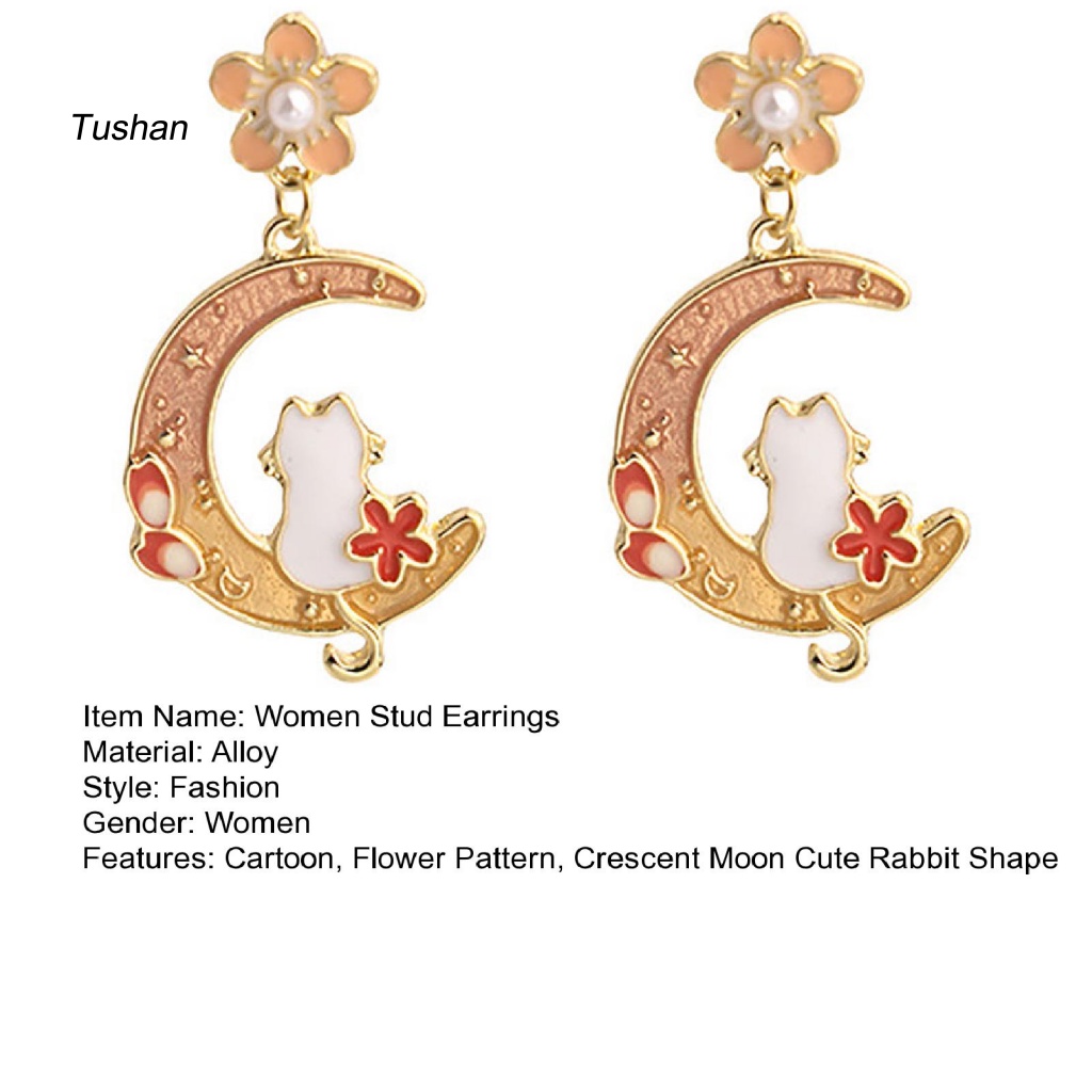 1 Đôi Bông Tai Xỏ Lỗ Mạ Điện Họa Tiết Hoa / Mặt Trăng / Thỏ Dễ Thương Dành Cho Nữ