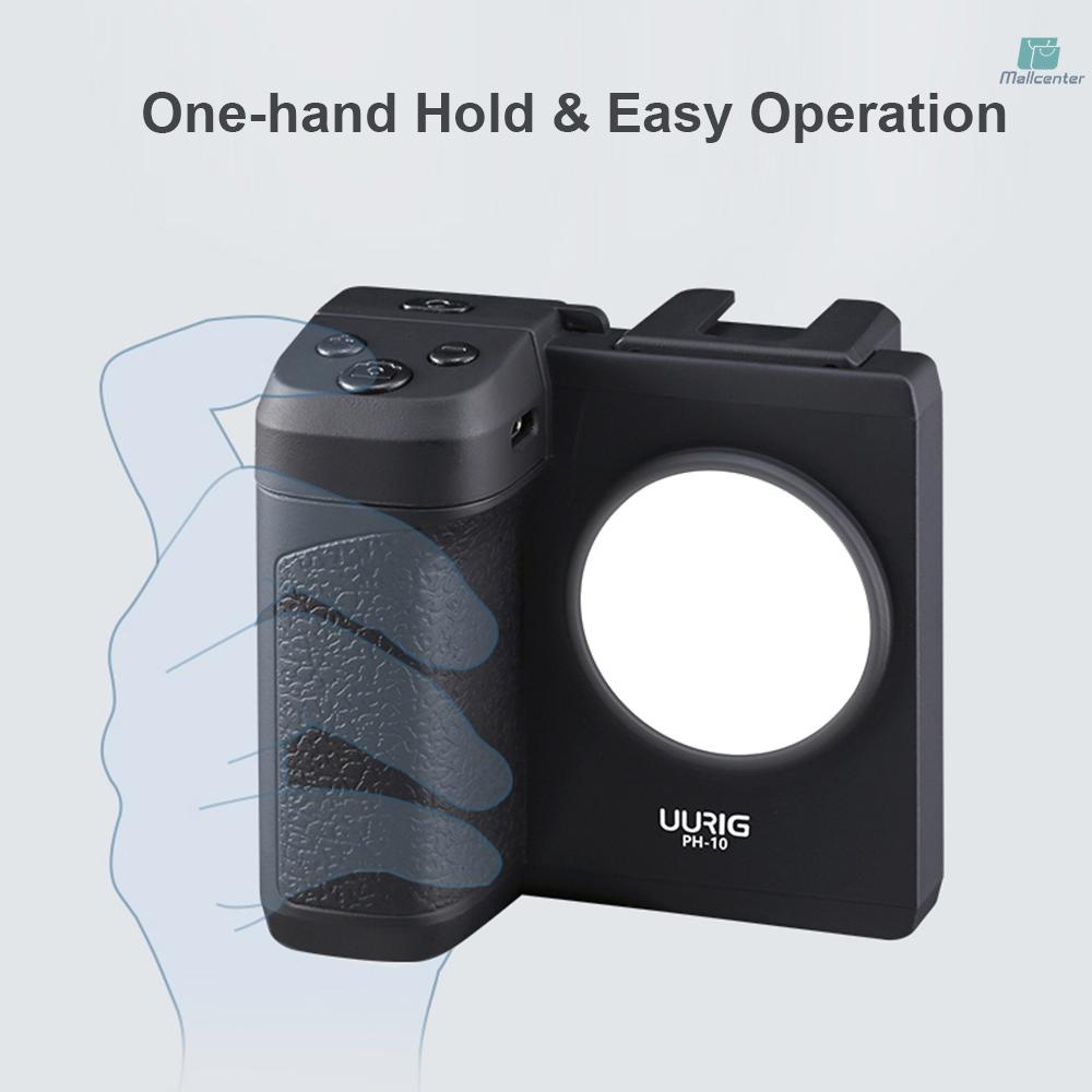 UURIG PH-10 Wireless Handle Grip Phone Holder Stabilizer for Smartphone Vlog Selfie with Remote Control Cold Shoe Mount 1/4 Inch Screw Hole Built-in LED Fill Light Battery Replacement for iPhone Andro