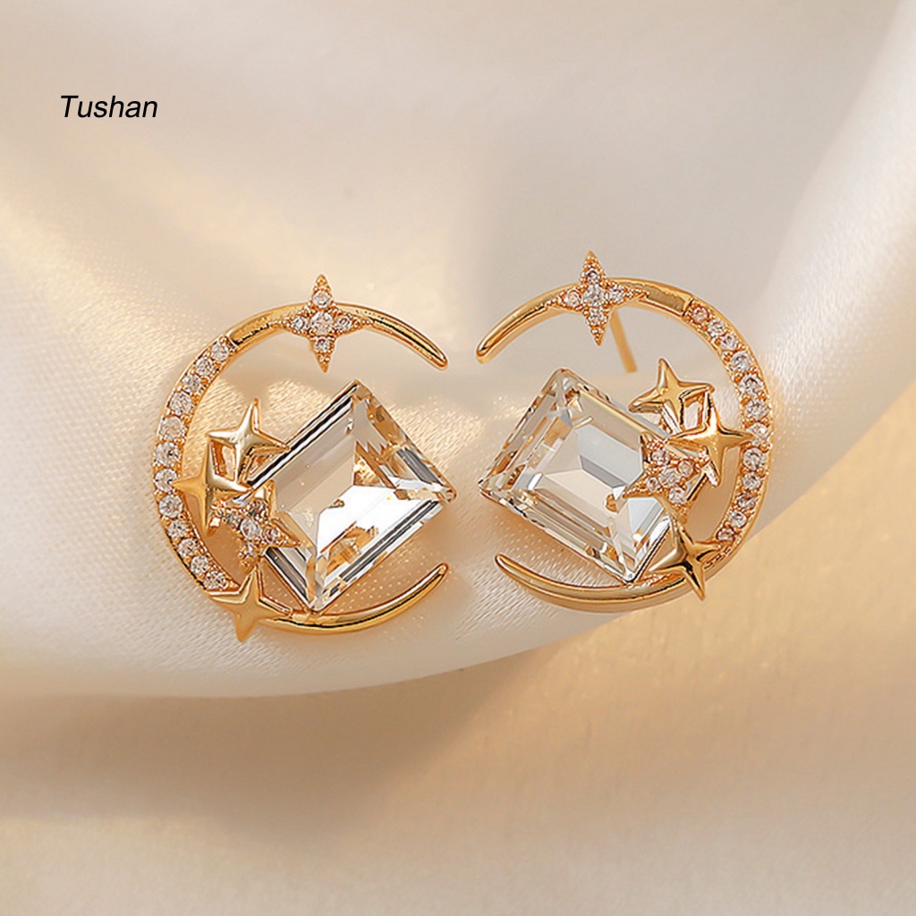1 Đôi Bông Tai Hợp Kim Hình Ngôi Sao / Mặt Trăng Lấp Lánh Chống Oxy Hóa Thân Thiện Với Da Không Gây Kích Ứng Phong Cách Hàn Quốc Dành Cho Nữ