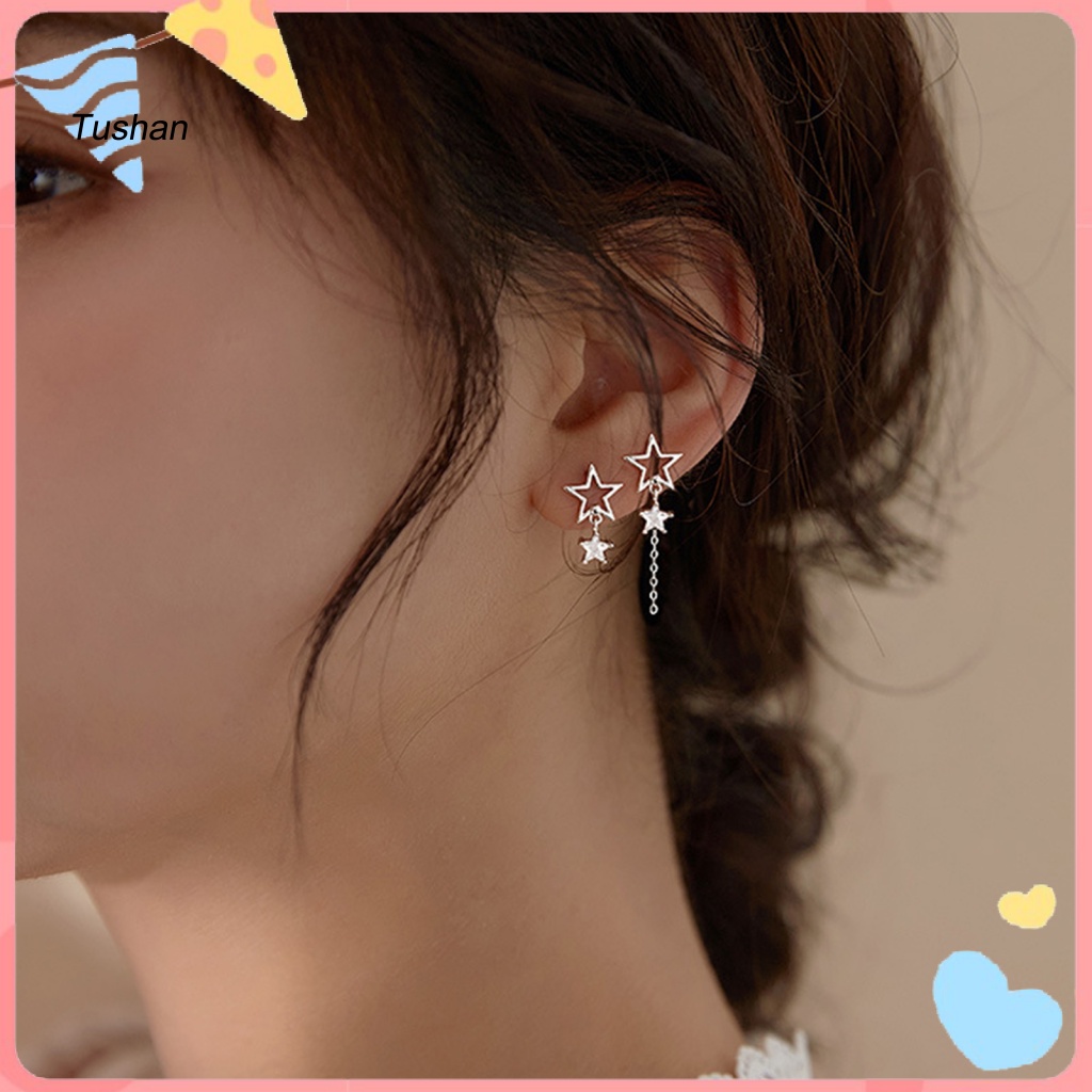 1 Đôi Bông Tai Ngôi Sao Rỗng Đính Đá Zircon Màu Vàng / Bạc Thời Trang