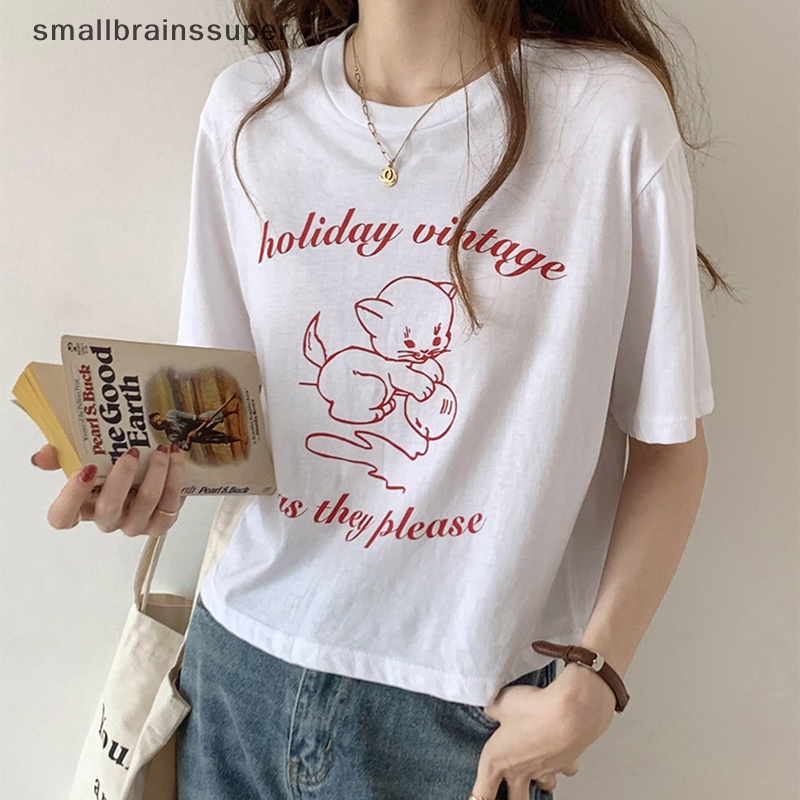 Áo Thun Crop Top Tay Ngắn Cổ Tròn In Họa Tiết Mèo Hoạt Hình Thời Trang Mùa Hè Cho Nữ