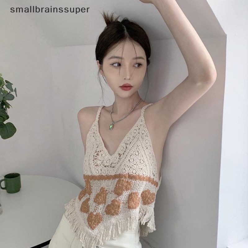 Áo Hai Dây Dệt Kim Cổ Chữ V Thêu Họa Tiết Trái Tim Phong Cách Bohemia Thời Trang Mùa Hè Cho Nữ SBS