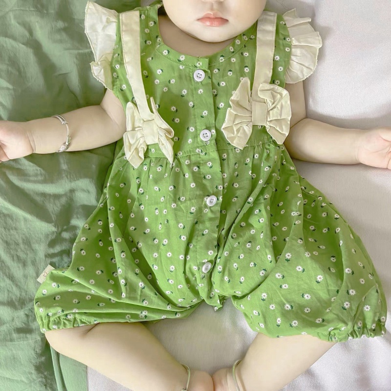 Bộ Áo Liền Quần Bằng Cotton Mỏng Tay Cộc In Hình Mặt Trăng Toàn Diện Mùa Hè Cho Bé Gái