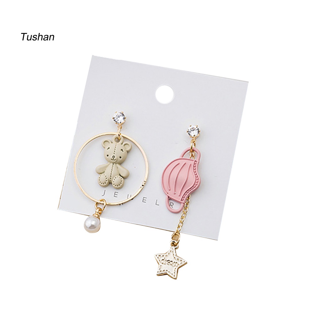 Khuyên Tai Hình Gấu / Ngôi Sao / Ngọc Trai Nhân Tạo Bất Đối Xứng Phong Cách Hoạt Hình