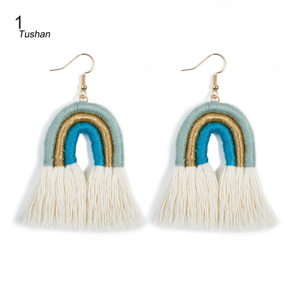 1 Đôi Bông Tai Tua Rua Nhiều Lớp Màu Sắc Cầu Vồng Phong Cách Bohemian