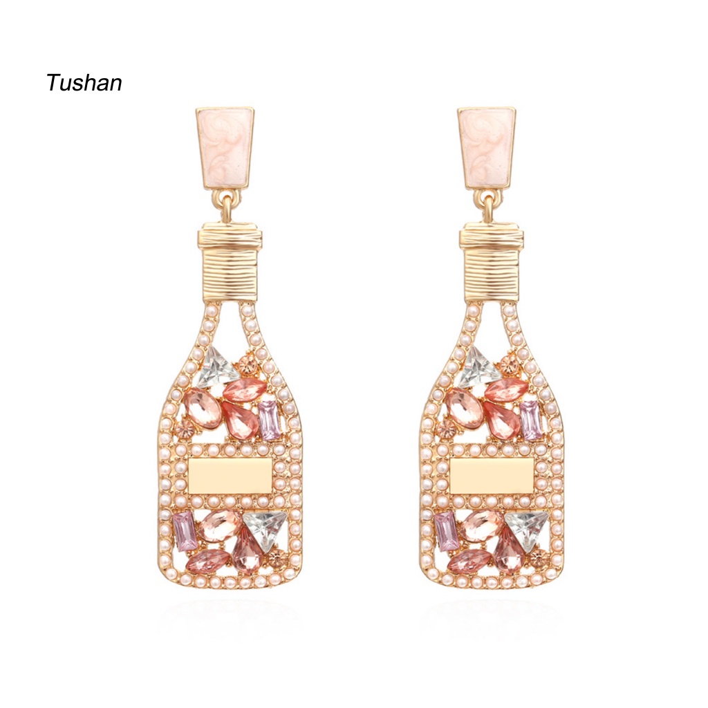 1 Đôi Bông Tai Hình Chai Rượu Đính Đá Ngọc Trai Nhân Tạo Chống Rơi Thời Trang