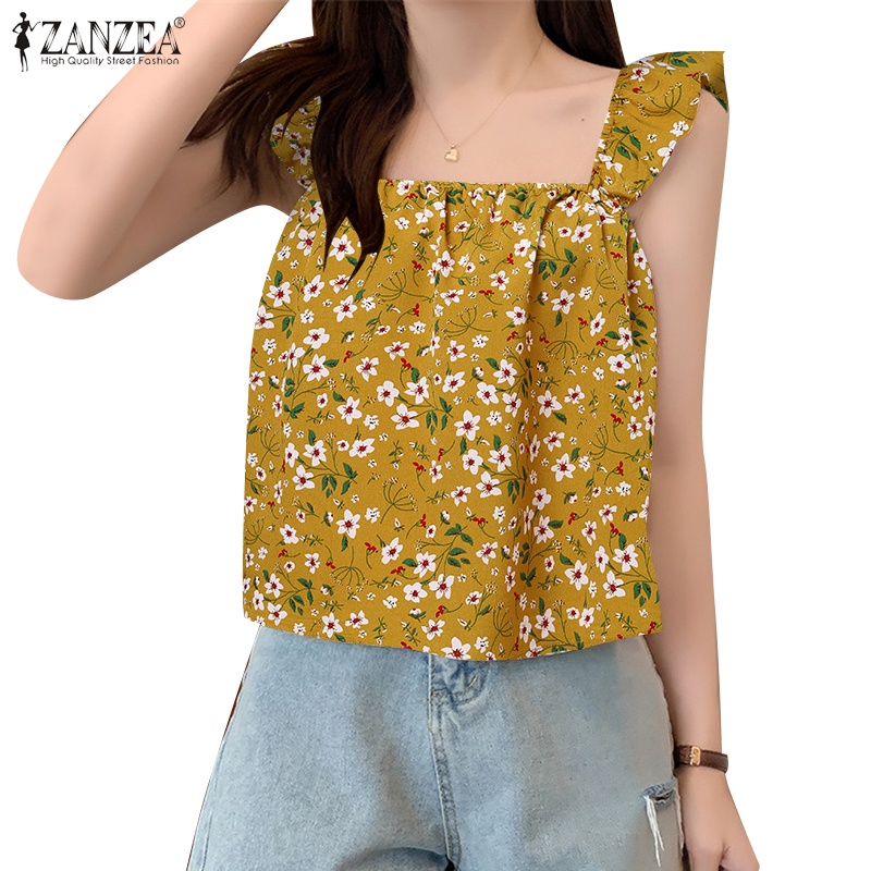 Zanzea Áo Dây Nữ Cộc Tay Cổ Vuông Thời Trang Hàn