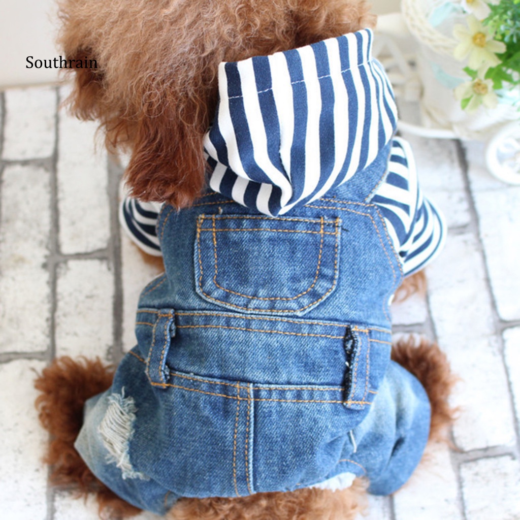 Bộ Áo Liền Quần Denim Bốn Ống Chống Gió Giữ Ấm Mùa Xuân Thu Cho Cún Cưng
