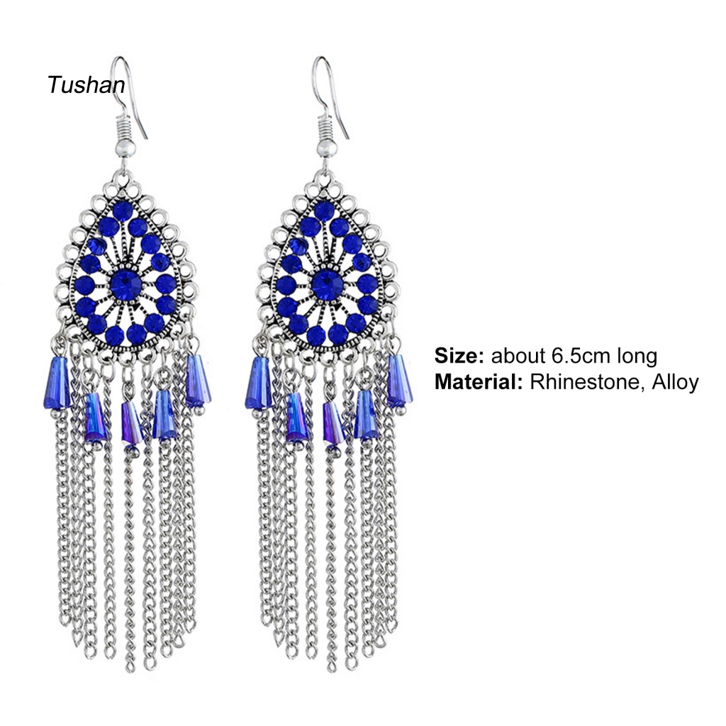 1 Đôi Bông Tai Hình Giọt Nước Đính Đá Phối Tua Rua Phong Cách Vintage