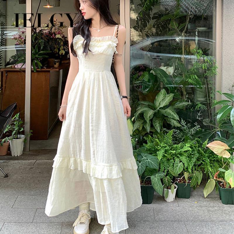 IELGY Đầm Hai Dây Màu Trơn Phong Cách Pháp Ngọt Ngào Cho Nữ