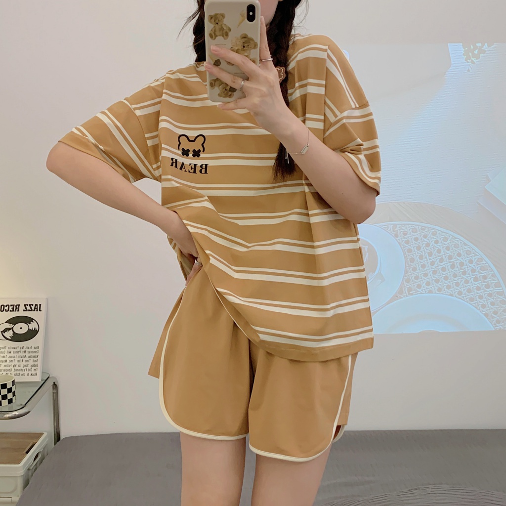 Bộ Đồ Ngủ Áo Thun Cotton Tay Ngắn Và Quần Short Dáng Rộng Họa Tiết Kẻ Sọc Thời Trang Mùa Hè Phong Cách Hàn Quốc Cho Nữ