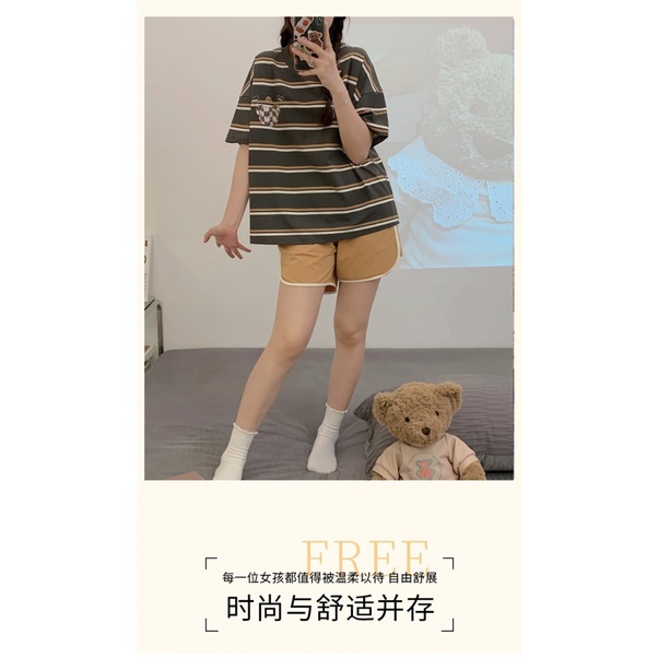 Bộ Đồ Ngủ Hai Mảnh Áo Tay Ngắn Quần Ngắn Bằng Vải Cotton Họa Tiết Kẻ Sọc Thời Trang Mùa Hè Mới Dành Cho Bạn Nữ