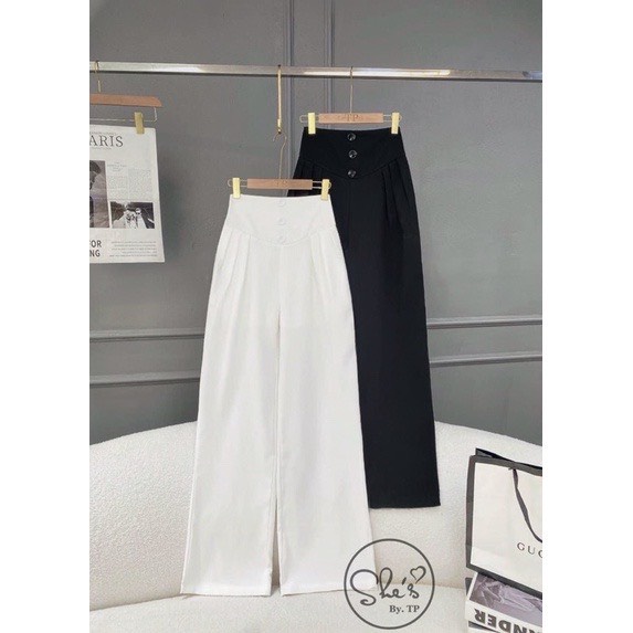 Quần tây nữ ống rộng lưng cao gen bụng phối cúc, khóa sau tôn dáng dài quần ~103cm chất vải tuyết mưa vitex mã 884