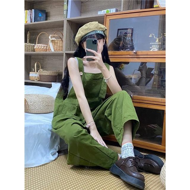 [LININ] Jumpsuit Ống Rộng Lưng Cao Màu Xanh Lá Cây Cổ Điển Nhật Bản Cho Nữ