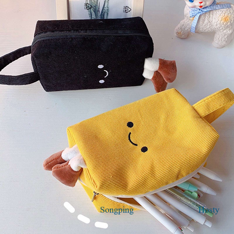 Túi Đựng Bút Bằng Nhung Kẻ Hình Mặt Cười Dễ Thương Phong Cách Hàn Quốc Ốp