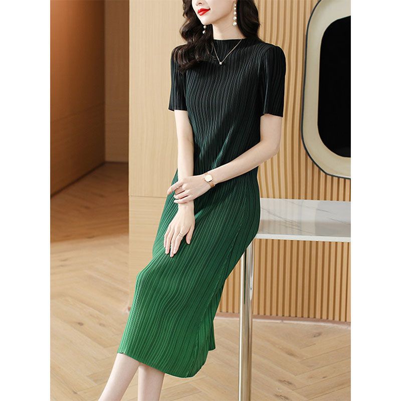 Đầm Tay Ngắn Dáng Rộng Xếp Ly In Họa Tiết Màu Gradient Thời Trang Mùa Hè 2023 Dành Cho Nữ