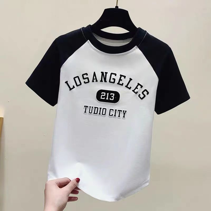 Áo Thun Cotton Nguyên Chất Tay Ngắn Cổ Tròn Màu Tương Phản Thời Trang Mùa Hè Hàn Quốc 2023 Cho Nữ
