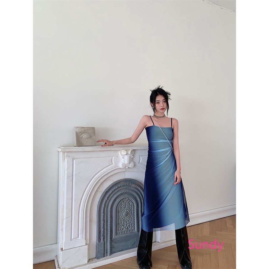 Đầm Lưới Hai Dây Màu Xanh Dương Gradient Phong Cách Retro Thời Trang Xuân Thu Cho Nữ